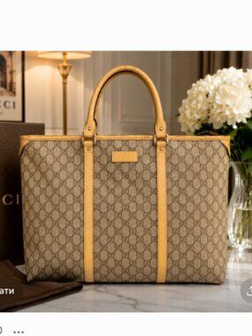 Authentic Gucci GG Canvas Large Tote Bag Beige Monogram Leather Made in Italy